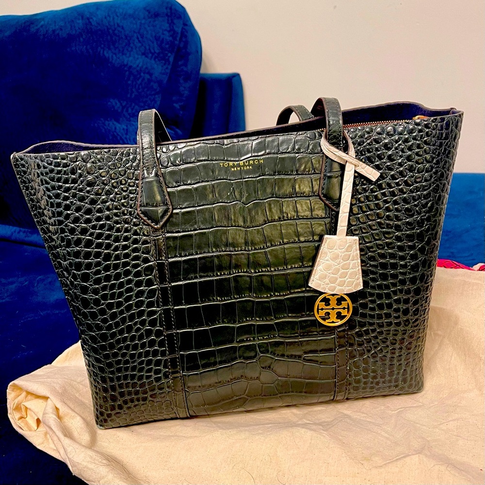 Tory Burch Perry embossed Triple Compartment Tote in green used